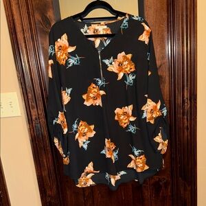 Maurices Black Blouse with Orange Floral Print and Teal Accents